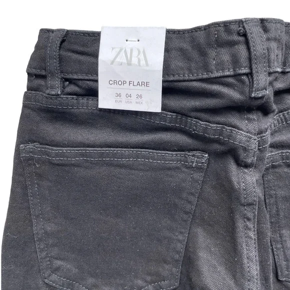 NWT ZARA Women's Black Mid Rise Frayed Hem Flared Cropped Denim Jeans - Picture 9 of 10